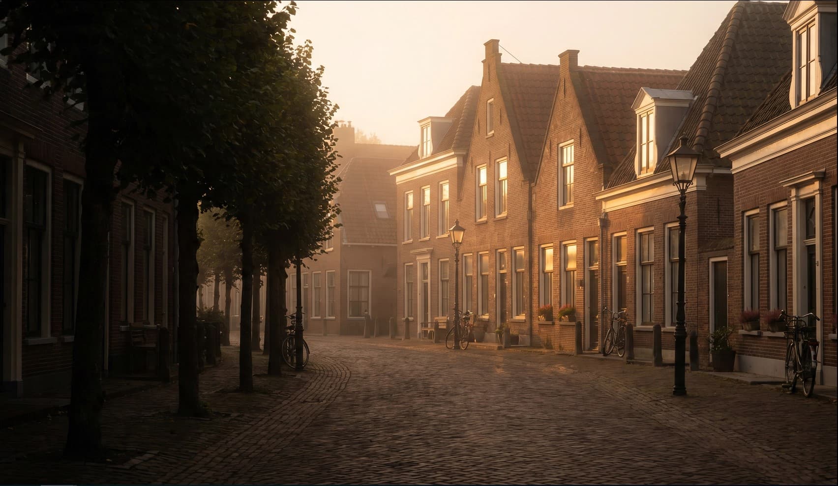 Warm verlichte Nederlandse woonhuizen in een sfeervolle straat bij gouden uur