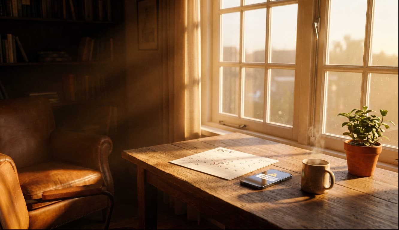 Een tafel bij een raam in een warm Nederlands interieur bij gouden uur, met een kalender waarop een datum is omcirkeld, een telefoon met een herinnering en een dampende mok.