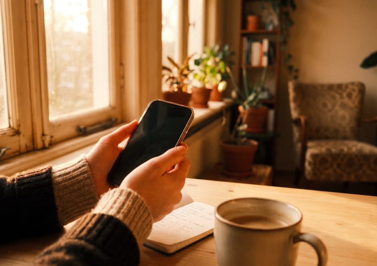 Iemand met een smartphone aan een houten tafel bij een zonovergoten raam in een warme Nederlandse woonkamer bij gouden uur.