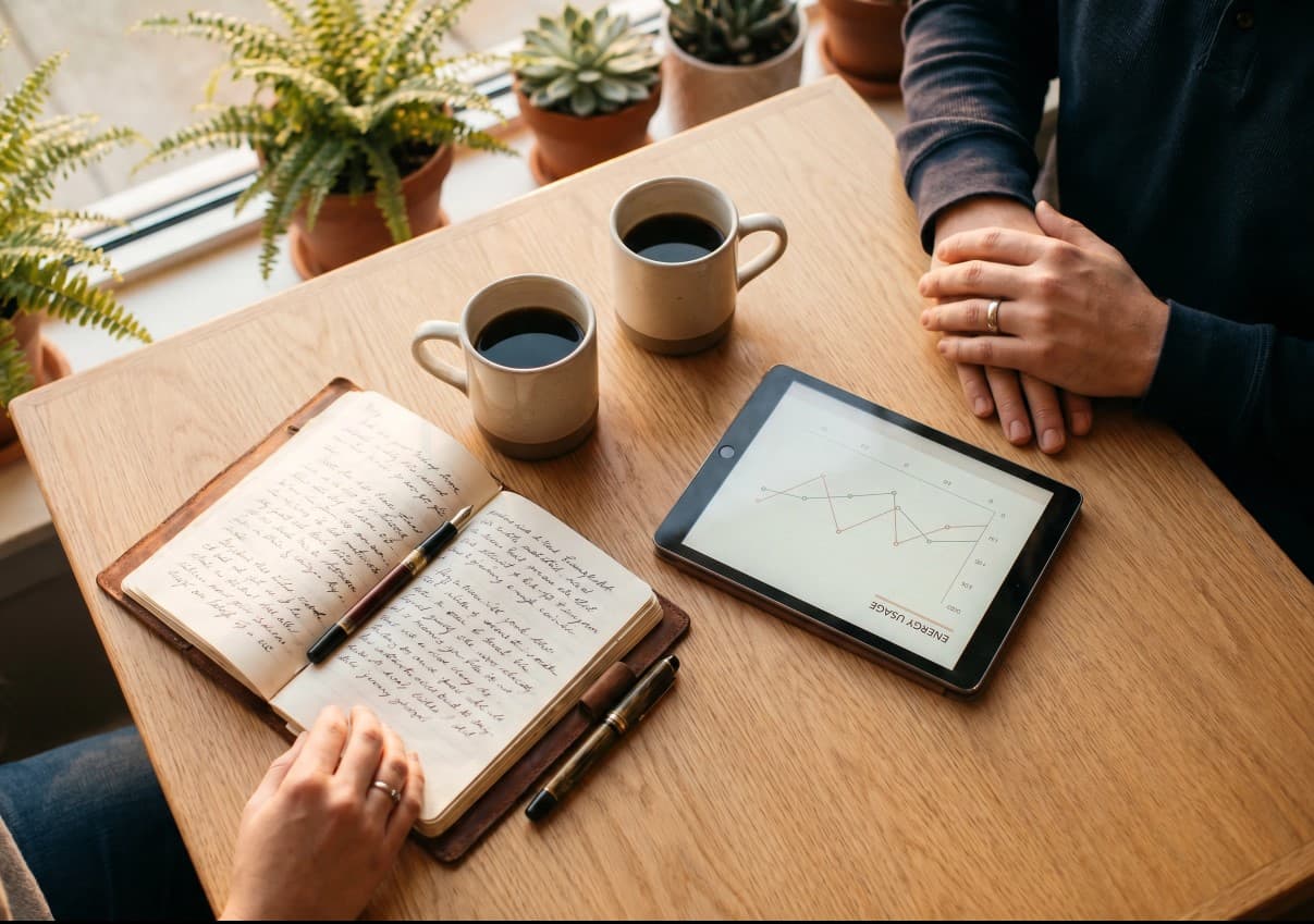 Twee kopjes koffie, een handgeschreven notitieboek en een tablet met een energieverbruik-grafiek op een houten tafel bij gouden uur, tijdens een persoonlijk adviesgesprek.