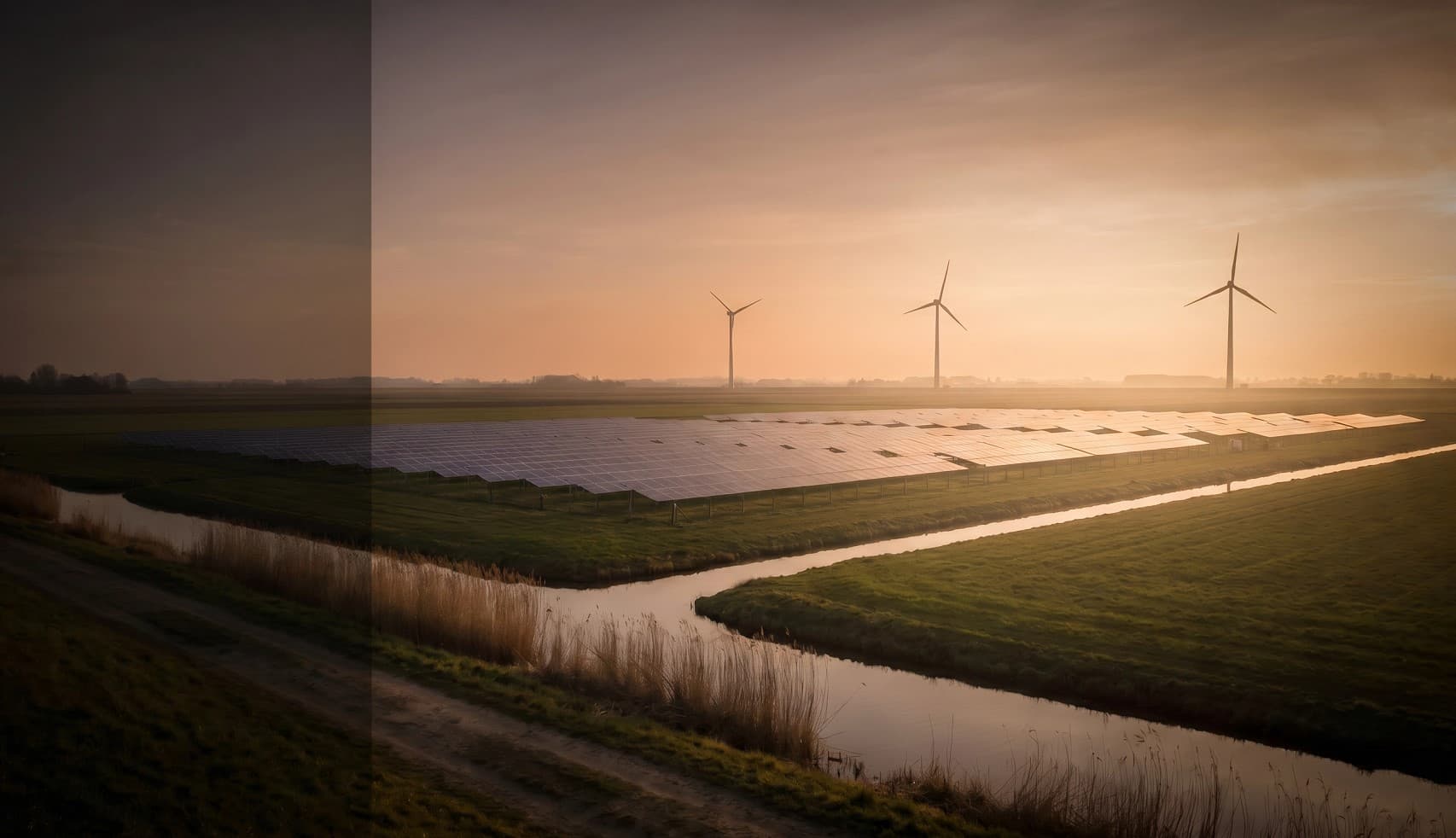 Windturbines en een zonnepark in een Hollandse polder bij gouden uur